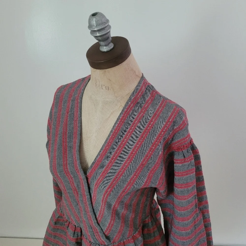 Madewell Balloon Puff Sleeve Peplum Blouse Gray Red Stripe XS